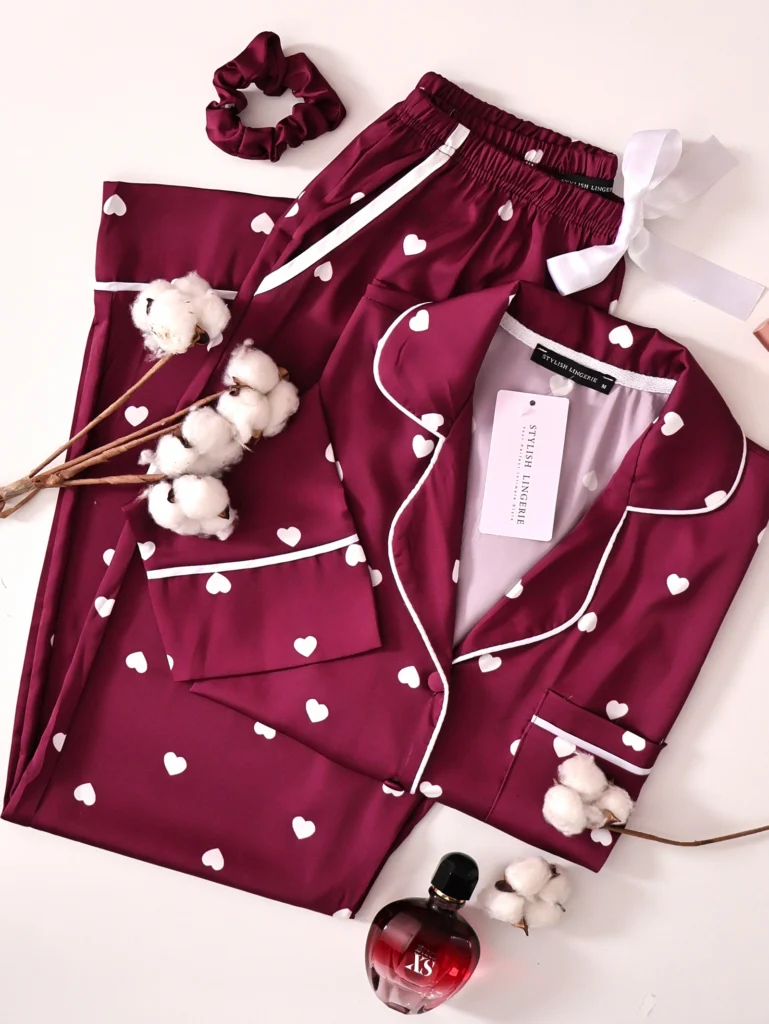 Pyjama Amour Bordeaux en Satin de Soie manche longue