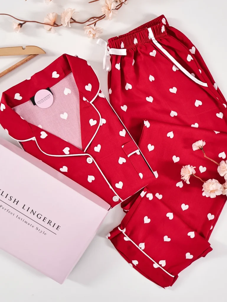 Pyjama Rouge Sweet Love en Satin de coton demi manche