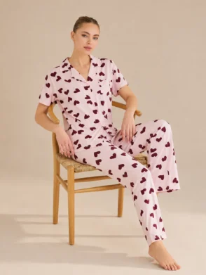 Pyjama Cœurs Rose Poudré 100% coton demi manche - S/M (36/38)