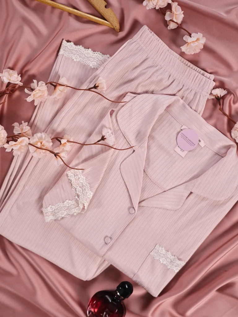 Pyjama maille côtelée douce demi manche rose