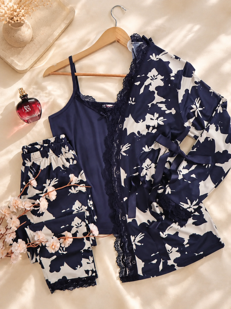 Ensemble Nuit Marine Florale – 3 Pièces